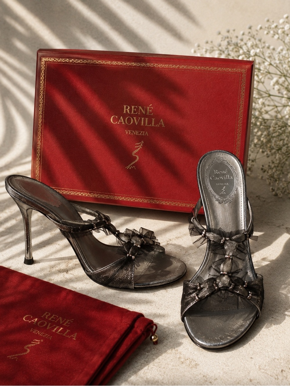 Rene Caovilla Metallic Gunmetal Embellished Stiletto Slide Sandals